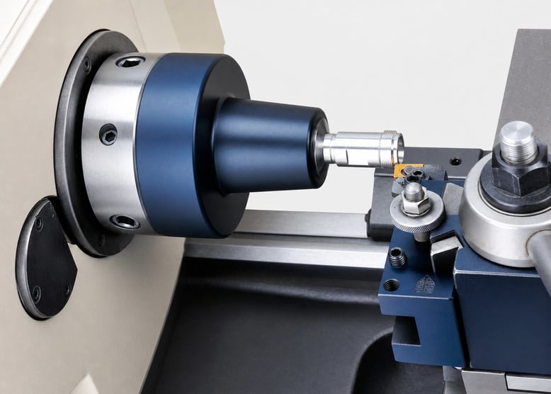 Manual lathe with a quick-change tool post and cutting tool machining a workpiece.