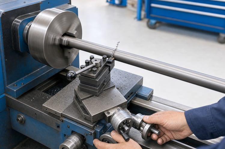  Manual lathe with a quick-change tool post machining a long shaft during a turning operation.