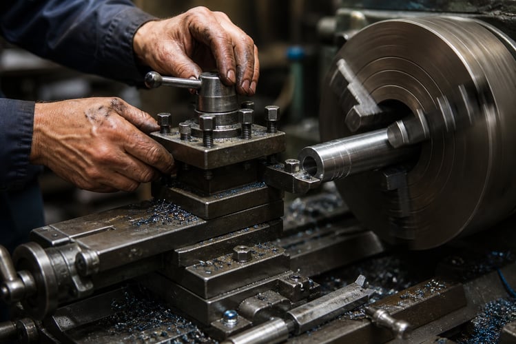 Close-up of a manual lathe with a quick-change tool post during turning, with nearby holders and a machinist adjusting the setup.