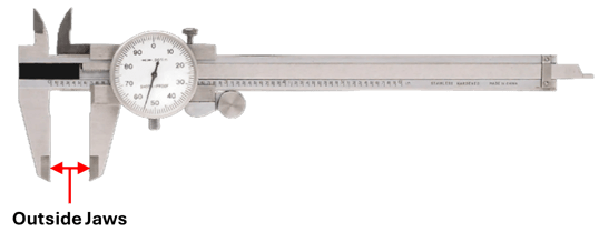Dial caliper using outside jaws to measure the external width of a part