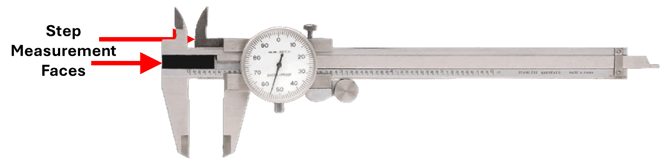 Dial caliper using step measurement faces to measure the distance between two stepped surfaces