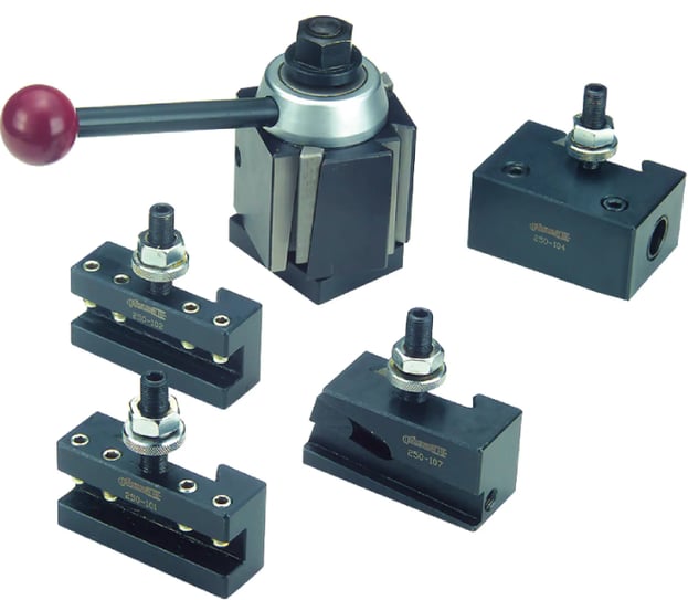 (Main Set) – Quick-Change Tool Post System with multiple tool holders for lathe machining.