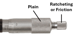 Micrometer showing a ratcheting or friction thimble and a plain thimble, with labeled callouts identifying each section