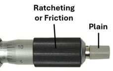 Labeled micrometer showing plain and ratcheting or friction thimble positions