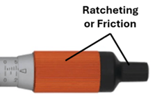 Micrometer showing a ratcheting or friction thimble design, with labeled callouts identifying the force-limiting thimble