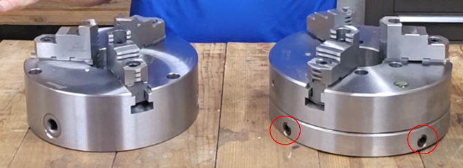 Adjustable Set-Tru lathe chuck showing independent jaw adjustment and set screws for runout correction