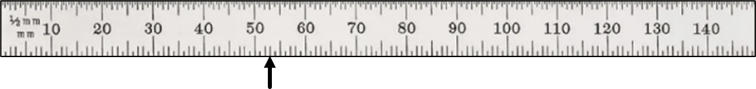 Metric ruler showing measurement at 5.3 cm (53 mm), aligned past the 5 cm mark
