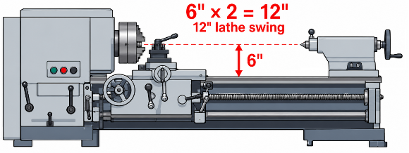 Lathe swing diagram showing how a 6-inch measurement equals a 12-inch lathe swing.