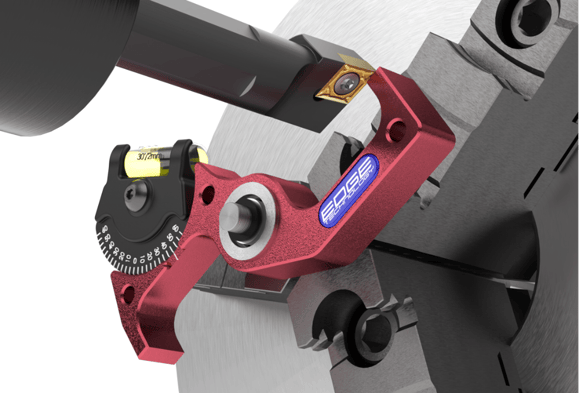 Edge Technology CNC 13-000 Lathe Tool Height Gage installed in lathe chuck.